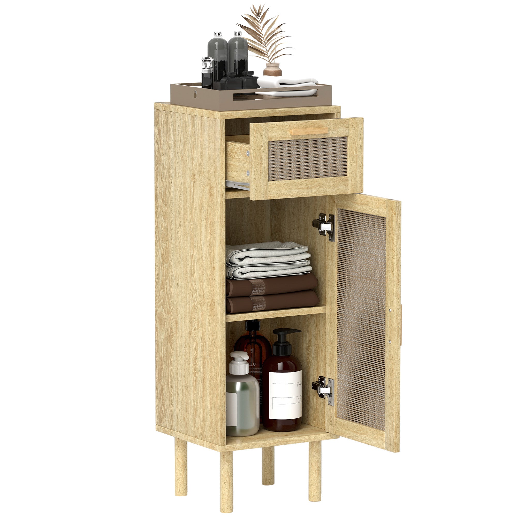 Bathroom Storage Cabinet, Bohemian Style Storage Cabinet with Drawer and Cupboard, Adjustable Shelves, Rattan Door, Cabinet for Bathroom, Living Room, Kitchen - 32 x 30 x 92 cm, Oak