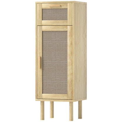 Bathroom Storage Cabinet, Bohemian Style Storage Cabinet with Drawer and Cupboard, Adjustable Shelves, Rattan Door, Cabinet for Bathroom, Living Room, Kitchen - 32 x 30 x 92 cm, Oak
