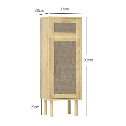 Bathroom Storage Cabinet, Bohemian Style Storage Cabinet with Drawer and Cupboard, Adjustable Shelves, Rattan Door, Cabinet for Bathroom, Living Room, Kitchen - 32 x 30 x 92 cm, Oak