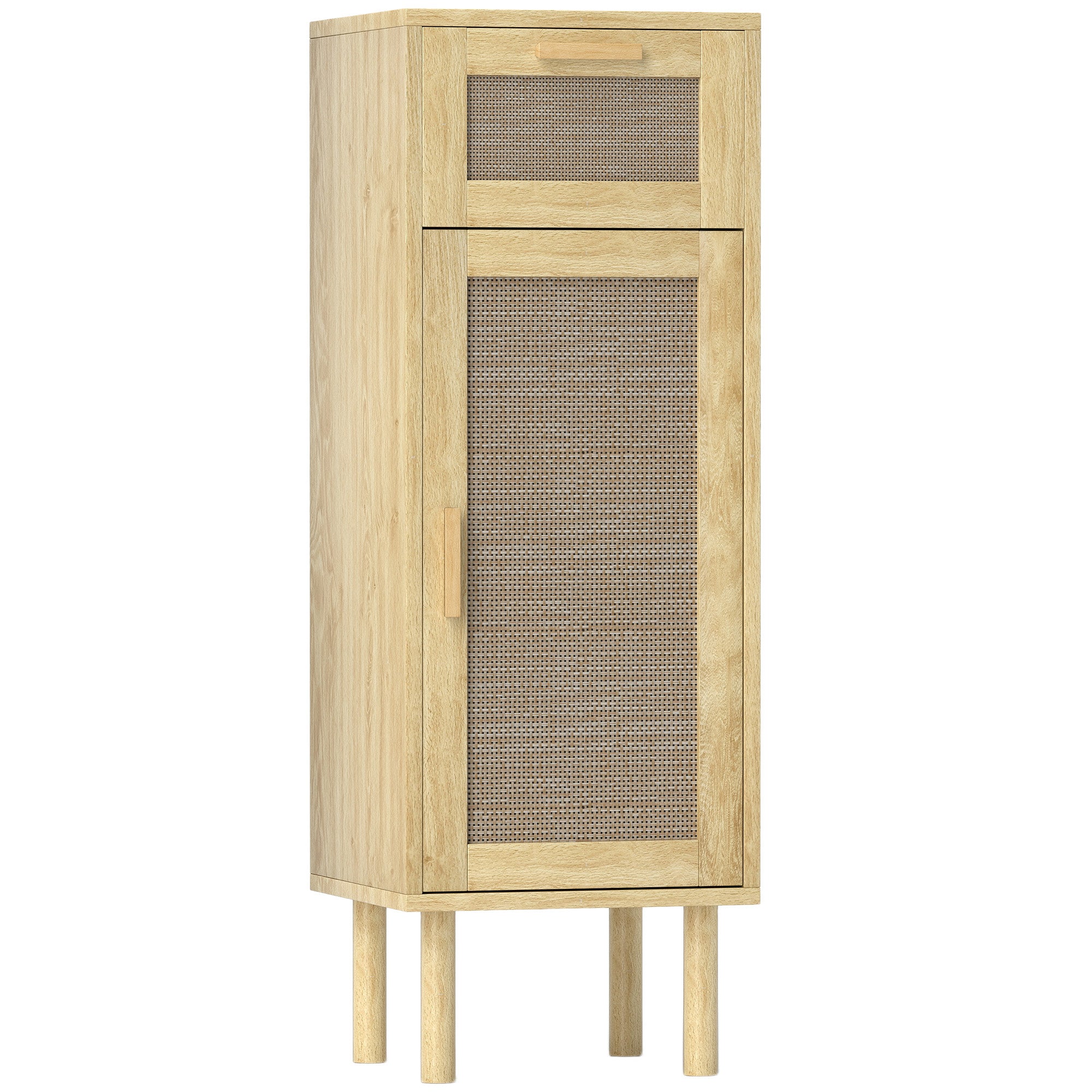 Bathroom Storage Cabinet, Bohemian Style Storage Cabinet with Drawer and Cupboard, Adjustable Shelves, Rattan Door, Cabinet for Bathroom, Living Room, Kitchen - 32 x 30 x 92 cm, Oak