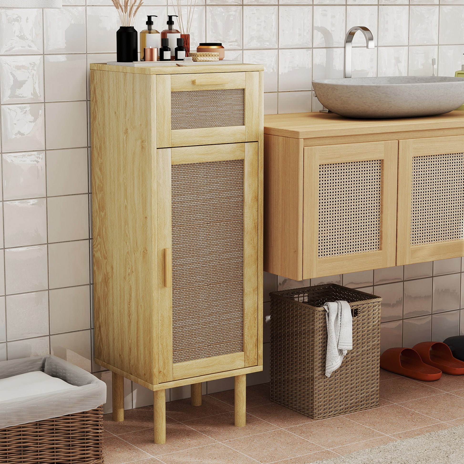 Bathroom Storage Cabinet, Bohemian Style Storage Cabinet with Drawer and Cupboard, Adjustable Shelves, Rattan Door, Cabinet for Bathroom, Living Room, Kitchen - 32 x 30 x 92 cm, Oak