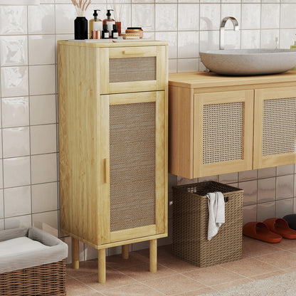 Bathroom Storage Cabinet, Bohemian Style Storage Cabinet with Drawer and Cupboard, Adjustable Shelves, Rattan Door, Cabinet for Bathroom, Living Room, Kitchen - 32 x 30 x 92 cm, Oak