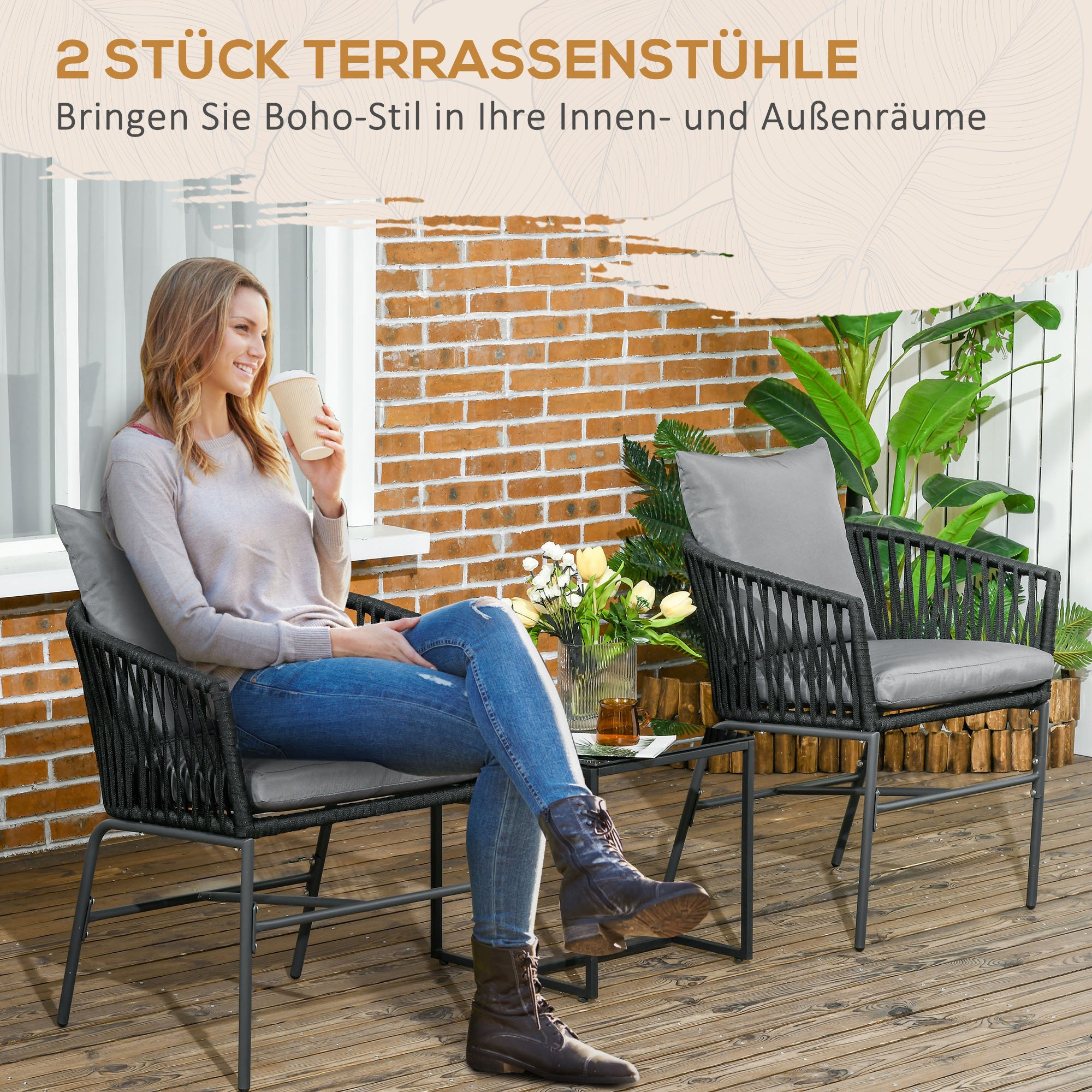 2-Piece Garden Chairs with Cushions Outdoor Furniture Set in Boho Style Patio Chair, Metal Frame, 57 x 60 x 71 cm, Black