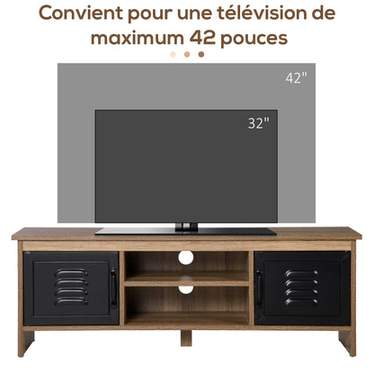 43" Industrial Design TV Stand with 2 Cupboards, 2 Niches, 2 Cable Holes, Wood Grain Finish and Black Metal Doors