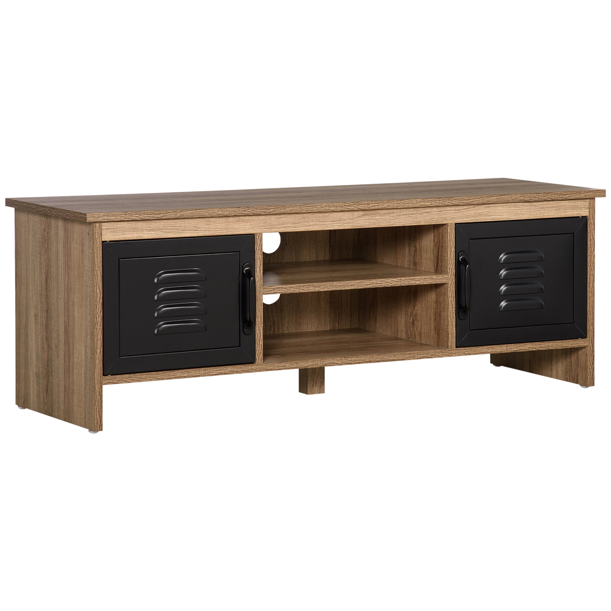 43" Industrial Design TV Stand with 2 Cupboards, 2 Niches, 2 Cable Holes, Wood Grain Finish and Black Metal Doors