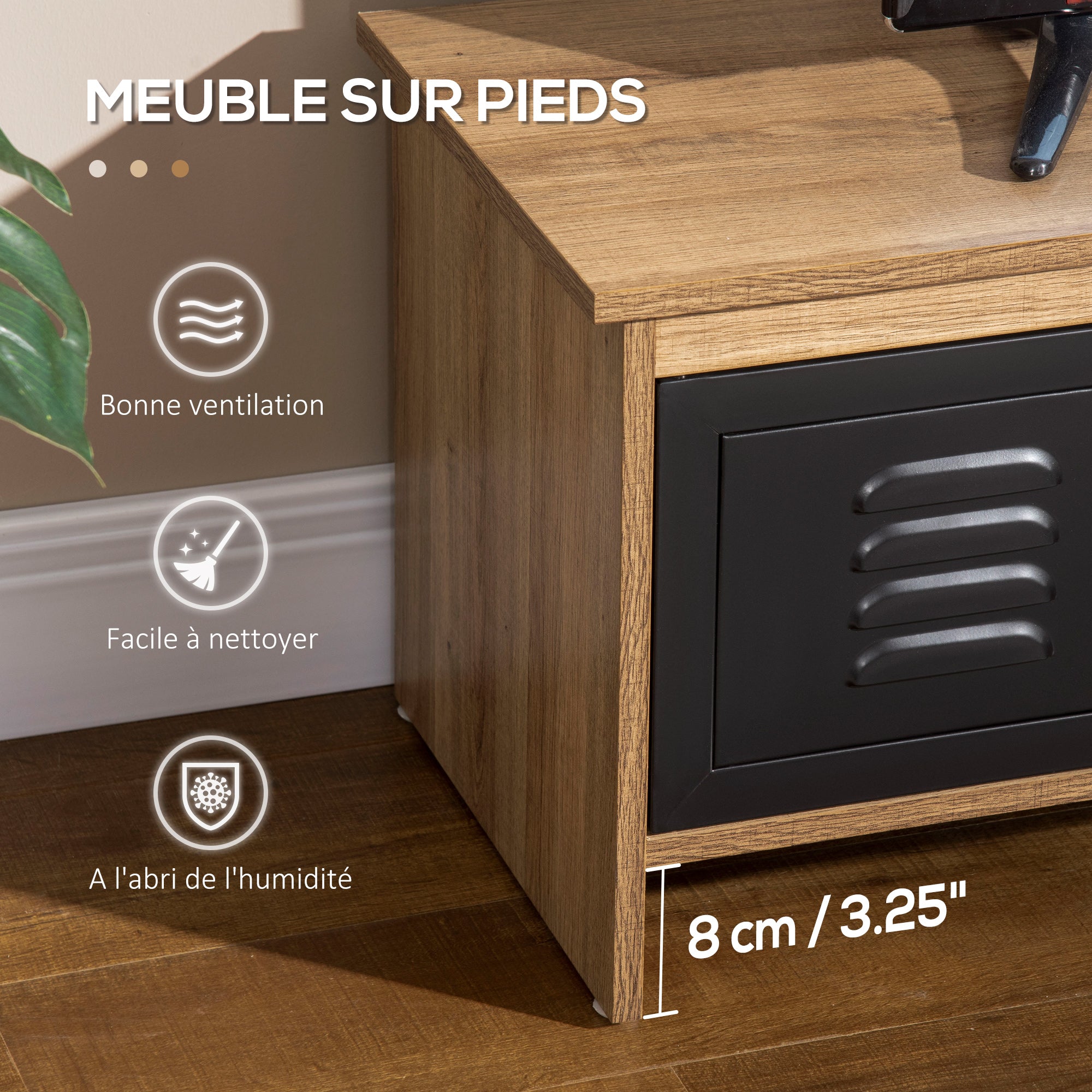 43" Industrial Design TV Stand with 2 Cupboards, 2 Niches, 2 Cable Holes, Wood Grain Finish and Black Metal Doors