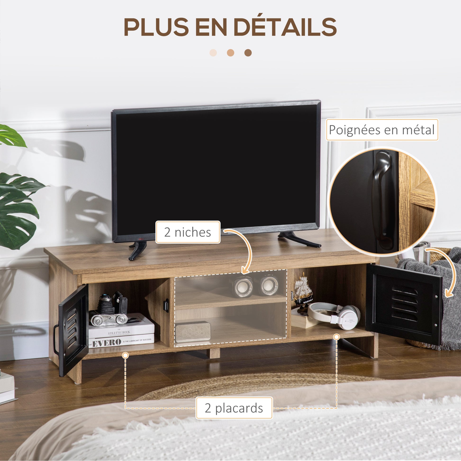 43" Industrial Design TV Stand with 2 Cupboards, 2 Niches, 2 Cable Holes, Wood Grain Finish and Black Metal Doors