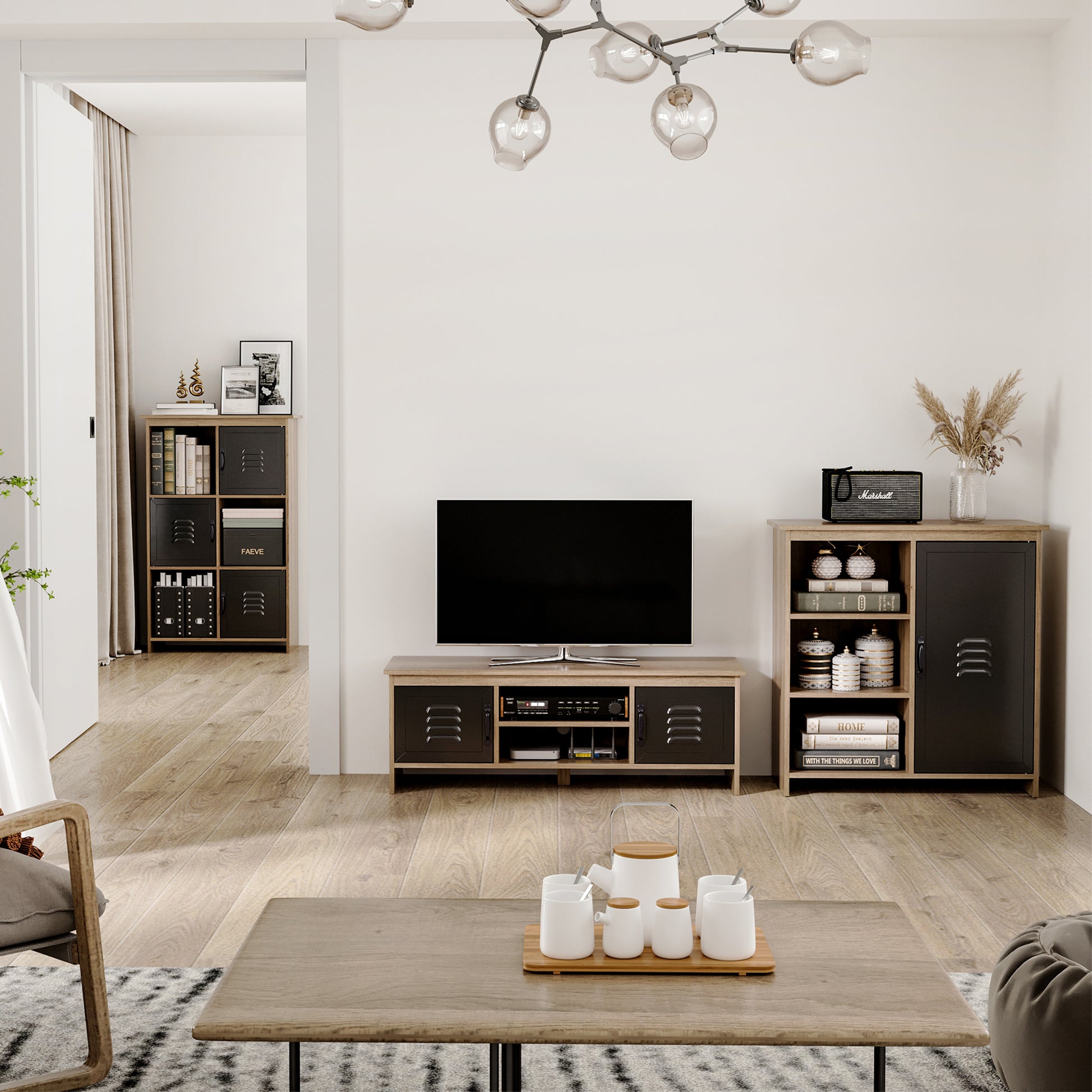 43" Industrial Design TV Stand with 2 Cupboards, 2 Niches, 2 Cable Holes, Wood Grain Finish and Black Metal Doors
