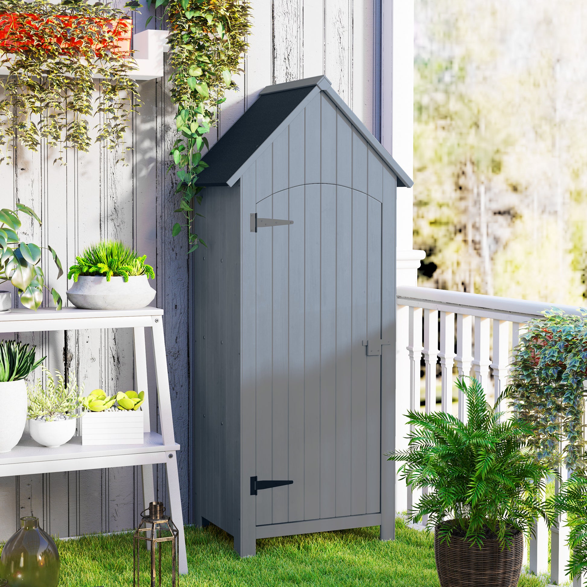 Wooden Garden Shed Outdoor Garden Cabin Garden Cabinet with Bituminous Roof 3 Shelves Door with Latch Outdoor Storage and Organization for Terrace 77.5 x 54.2 x 179.5 cm Gray