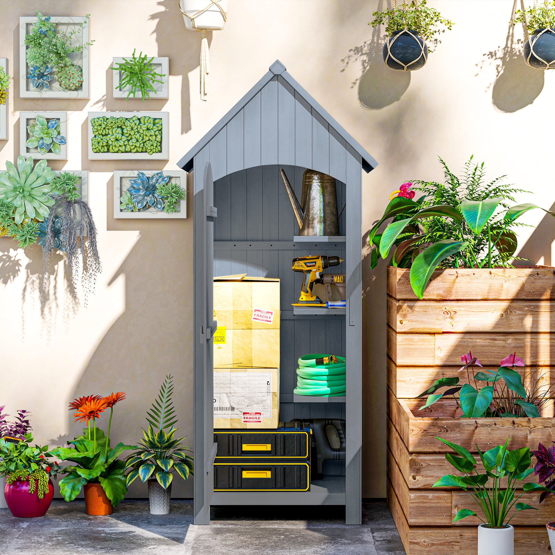 Wooden Garden Shed Outdoor Garden Cabin Garden Cabinet with Bituminous Roof 3 Shelves Door with Latch Outdoor Storage and Organization for Terrace 77.5 x 54.2 x 179.5 cm Gray