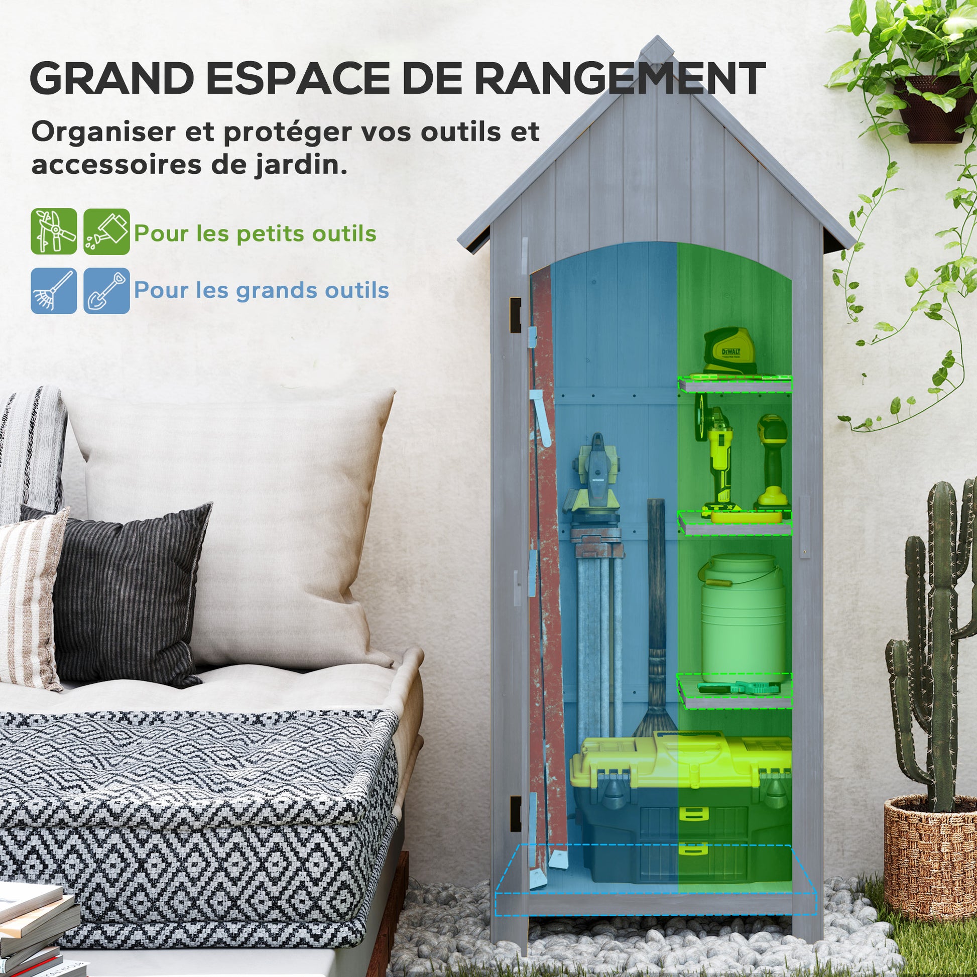 Wooden Garden Shed Outdoor Garden Cabin Garden Cabinet with Bituminous Roof 3 Shelves Door with Latch Outdoor Storage and Organization for Terrace 77.5 x 54.2 x 179.5 cm Gray