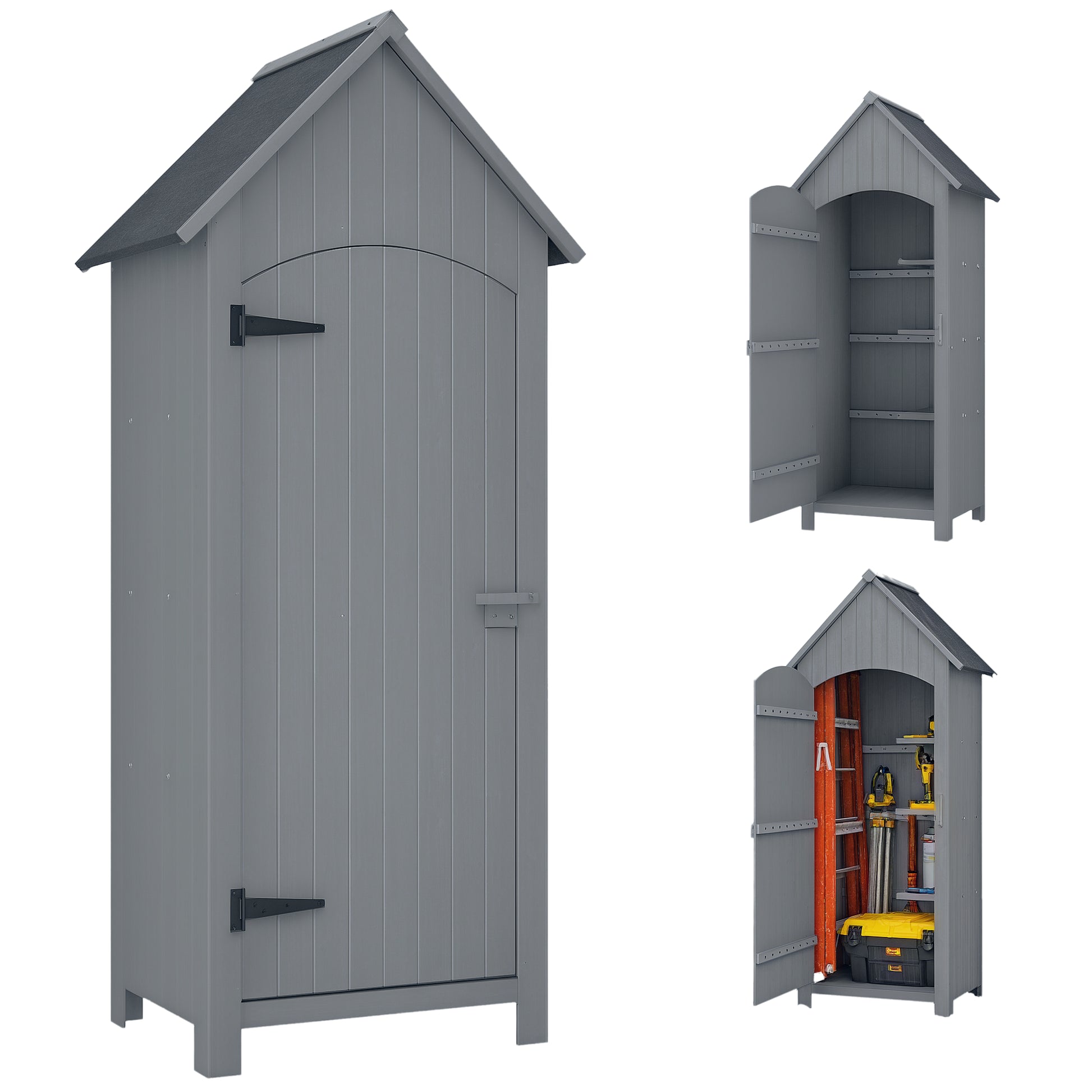 Wooden Garden Shed Outdoor Garden Cabin Garden Cabinet with Bituminous Roof 3 Shelves Door with Latch Outdoor Storage and Organization for Terrace 77.5 x 54.2 x 179.5 cm Gray