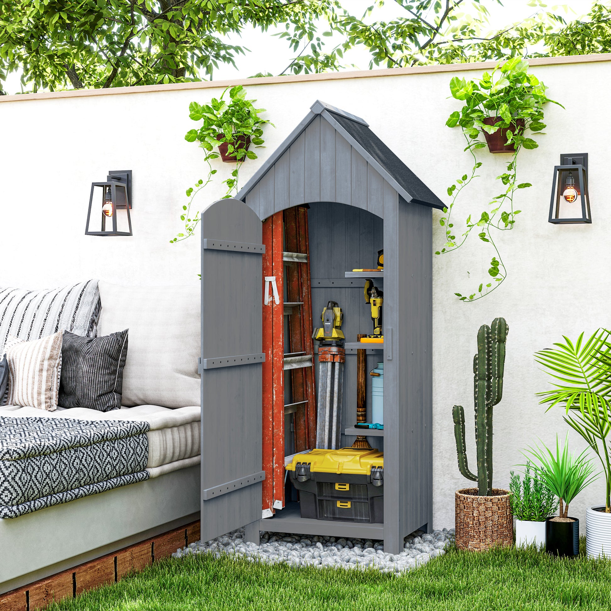 Wooden Garden Shed Outdoor Garden Cabin Garden Cabinet with Bituminous Roof 3 Shelves Door with Latch Outdoor Storage and Organization for Terrace 77.5 x 54.2 x 179.5 cm Gray