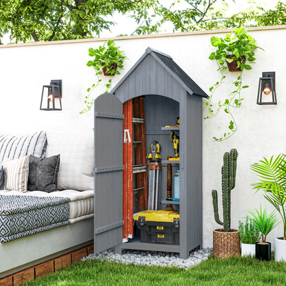 Wooden Garden Shed Outdoor Garden Cabin Garden Cabinet with Bituminous Roof 3 Shelves Door with Latch Outdoor Storage and Organization for Terrace 77.5 x 54.2 x 179.5 cm Gray