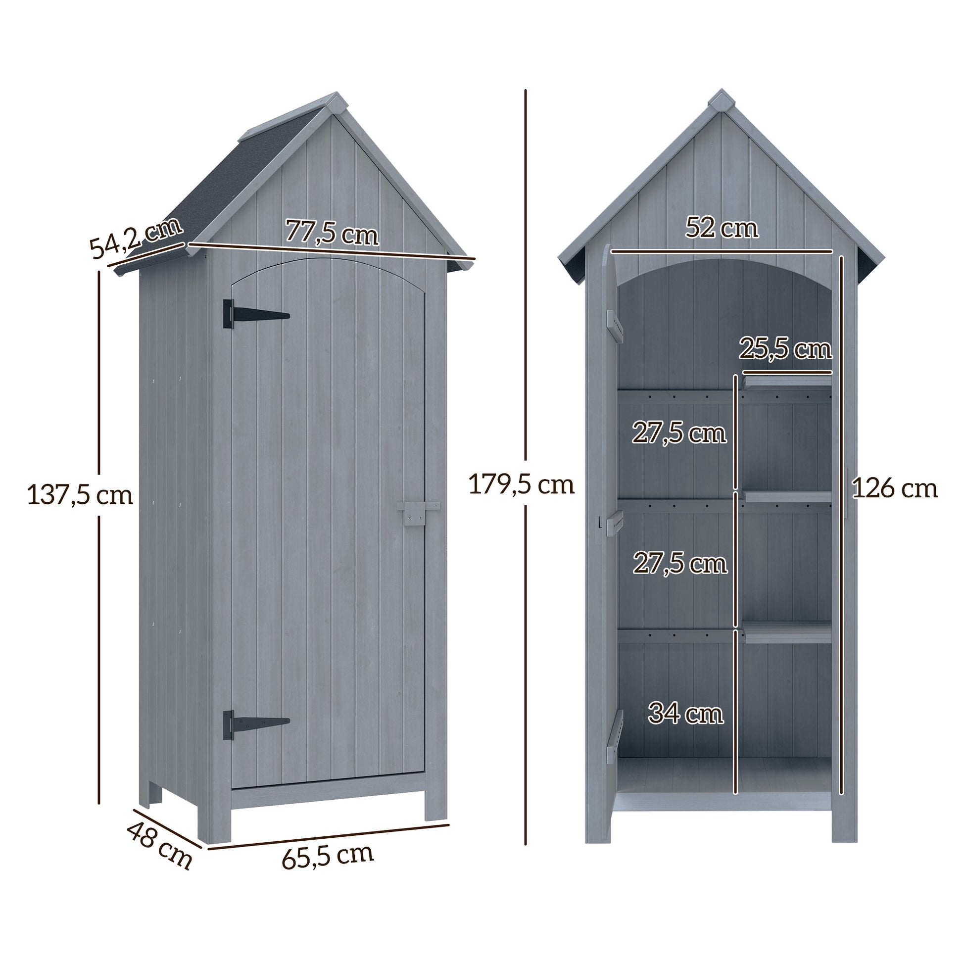 Wooden Garden Shed Outdoor Garden Cabin Garden Cabinet with Bituminous Roof 3 Shelves Door with Latch Outdoor Storage and Organization for Terrace 77.5 x 54.2 x 179.5 cm Gray