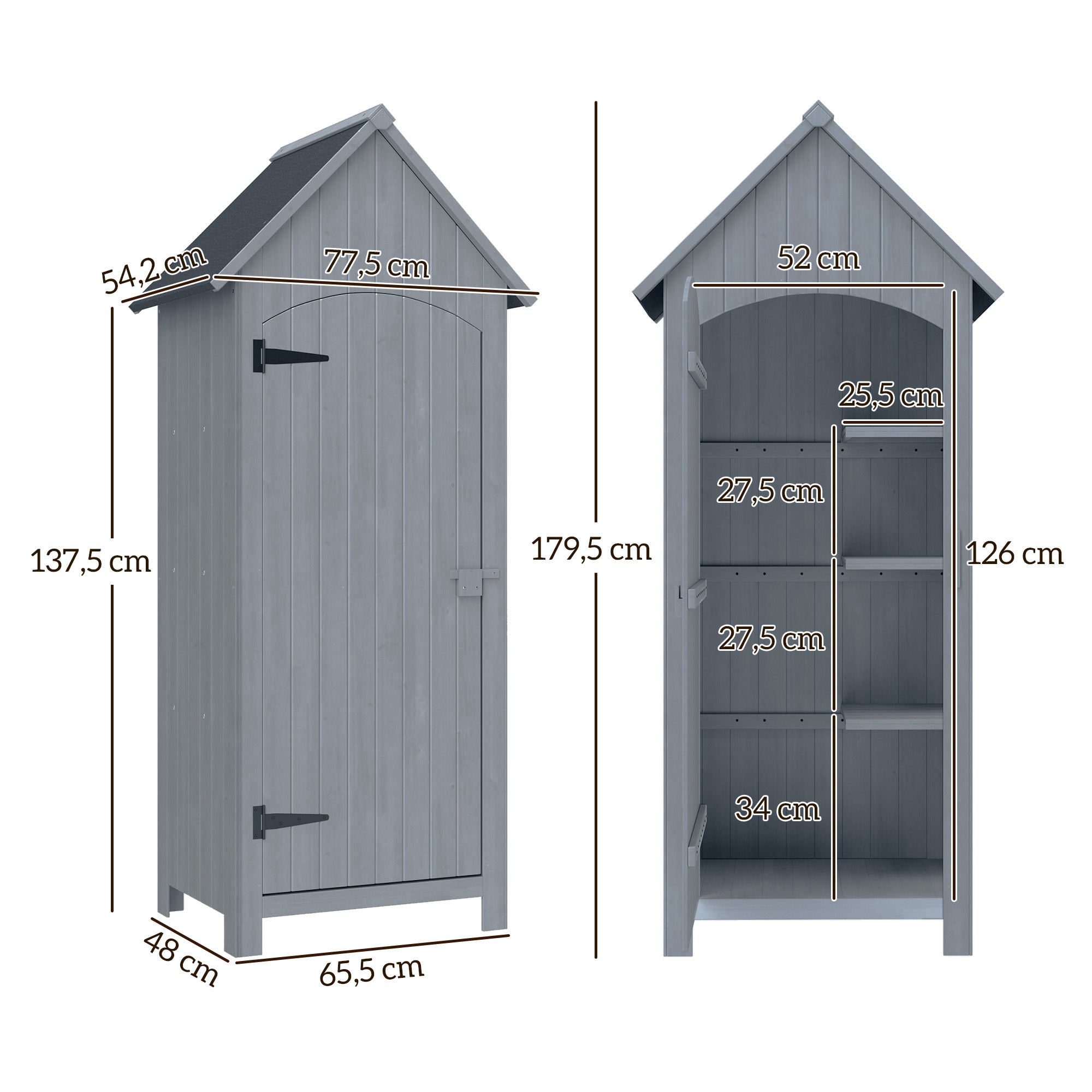 Wooden Garden Shed Outdoor Garden Cabin Garden Cabinet with Bituminous Roof 3 Shelves Door with Latch Outdoor Storage and Organization for Terrace 77.5 x 54.2 x 179.5 cm Gray