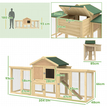 Wooden Chicken Coop 204 x 85 x 93 cm (80.3 x 33.5 x 36.6 in) — 2-Level Outdoor Run, Nesting Box, Waterproof Roof, Perch & Ramp, Natural Wood