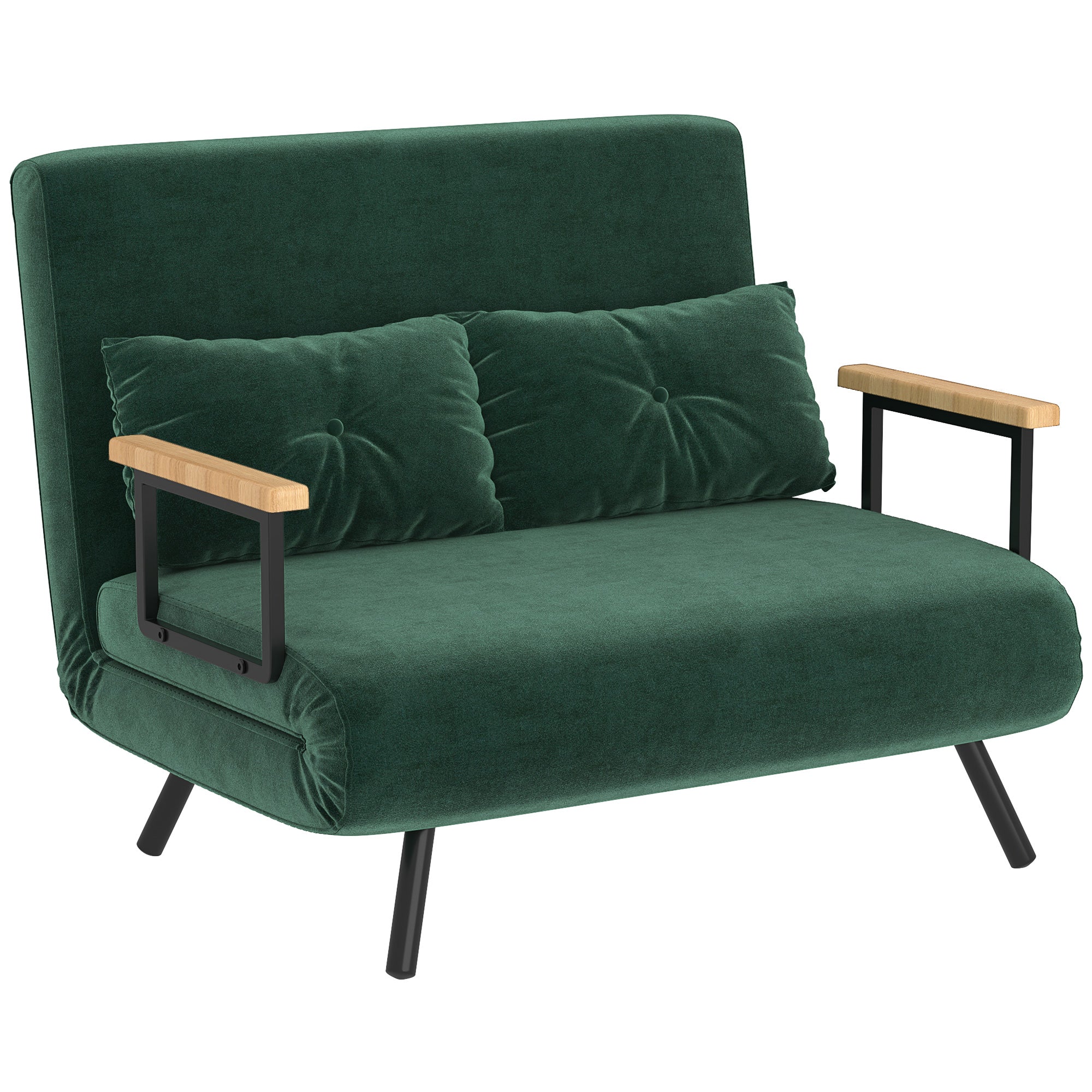 2 Seater Sofa Bed Foldable Upholstered in Velvet with 5 Adjustable Backrest Levels and Padded Pillows for Office Bedroom Living Room 102x73x81 cm Green