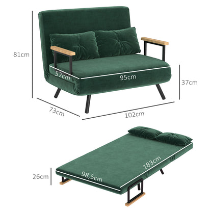 2 Seater Sofa Bed Foldable Upholstered in Velvet with 5 Adjustable Backrest Levels and Padded Pillows for Office Bedroom Living Room 102x73x81 cm Green