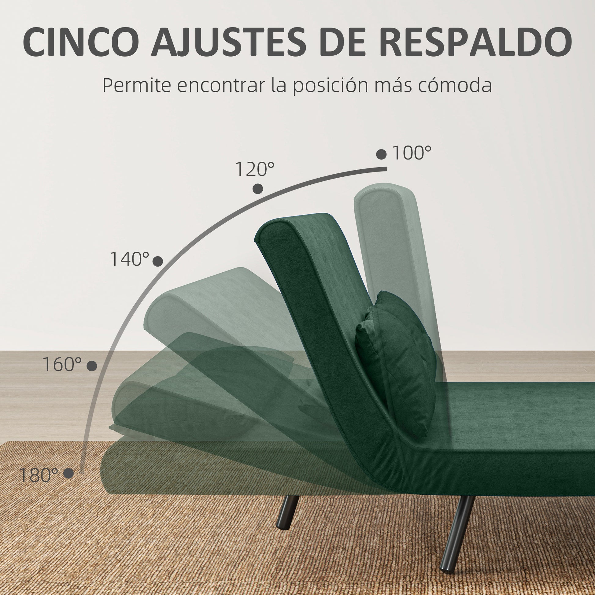 2 Seater Sofa Bed Foldable Upholstered in Velvet with 5 Adjustable Backrest Levels and Padded Pillows for Office Bedroom Living Room 102x73x81 cm Green