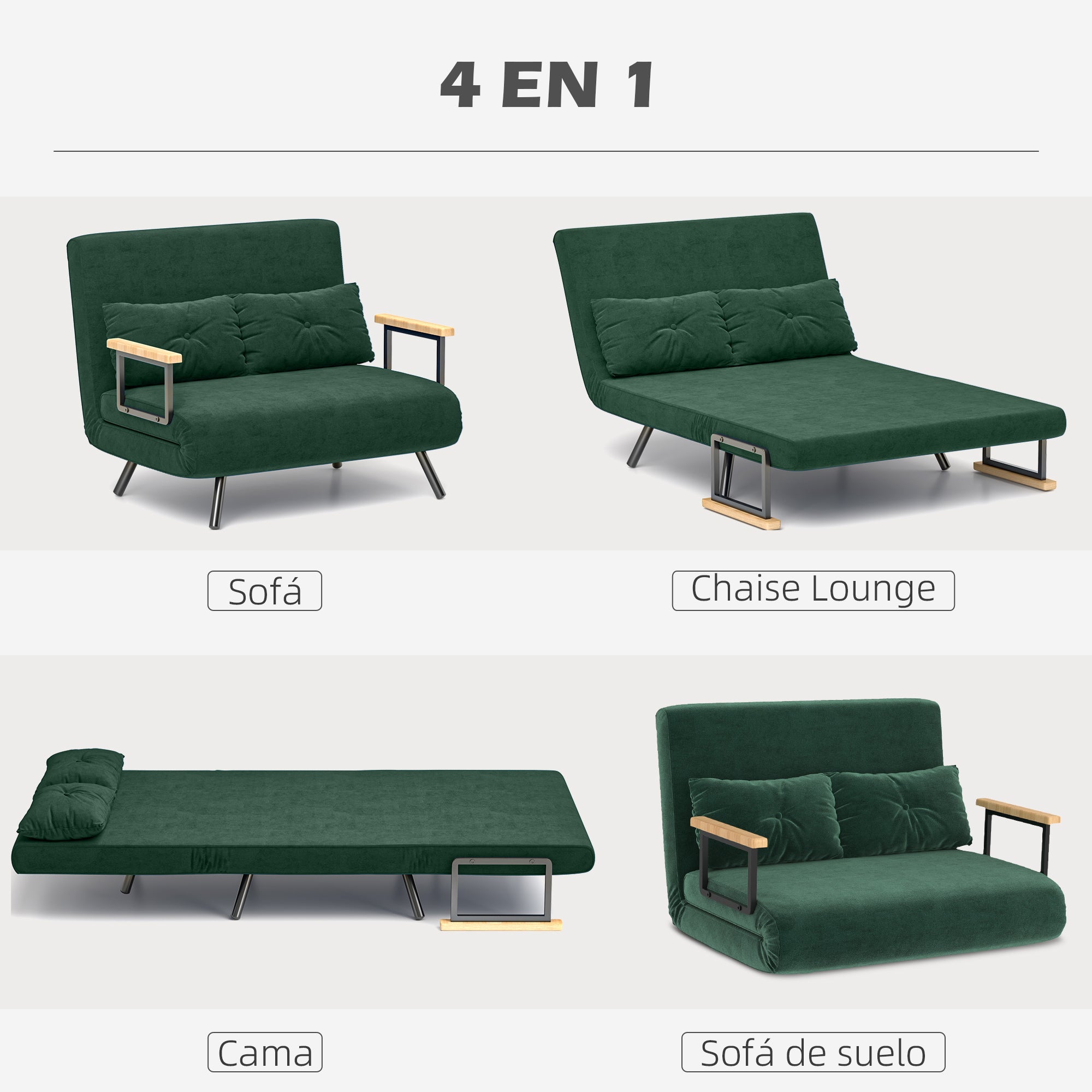 2 Seater Sofa Bed Foldable Upholstered in Velvet with 5 Adjustable Backrest Levels and Padded Pillows for Office Bedroom Living Room 102x73x81 cm Green