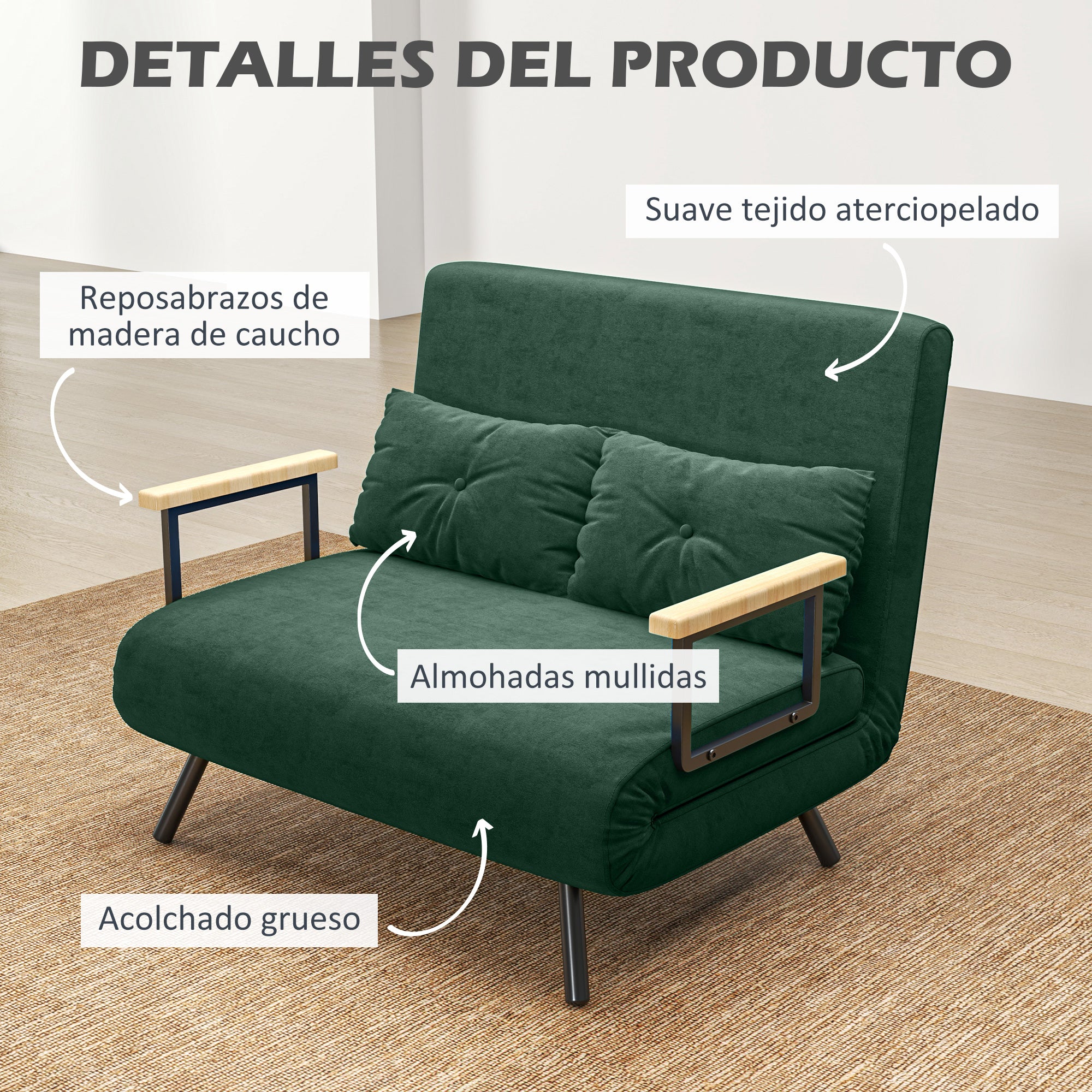 2 Seater Sofa Bed Foldable Upholstered in Velvet with 5 Adjustable Backrest Levels and Padded Pillows for Office Bedroom Living Room 102x73x81 cm Green