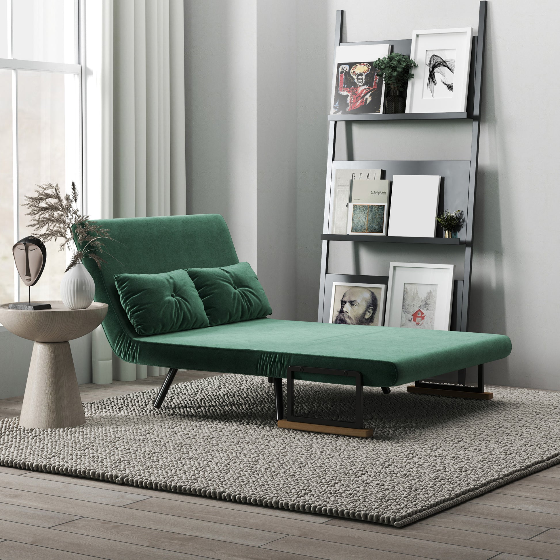 2 Seater Sofa Bed Foldable Upholstered in Velvet with 5 Adjustable Backrest Levels and Padded Pillows for Office Bedroom Living Room 102x73x81 cm Green