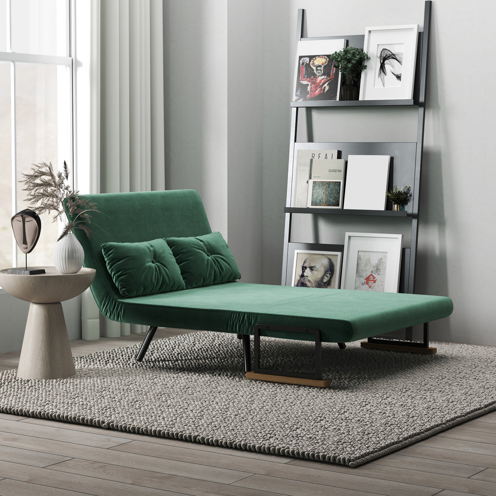 2 Seater Sofa Bed Foldable Upholstered in Velvet with 5 Adjustable Backrest Levels and Padded Pillows for Office Bedroom Living Room 102x73x81 cm Green