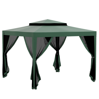Garden Gazebo 3x3m Outdoor Canopy with 4 Removable Mosquito Net Curtains Double Roof Metal Frame Anti-UV Waterproof Pavilion for Patio Green