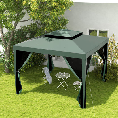 Garden Gazebo 3x3m Outdoor Canopy with 4 Removable Mosquito Net Curtains Double Roof Metal Frame Anti-UV Waterproof Pavilion for Patio Green