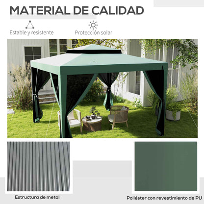 Garden Gazebo 3x3m Outdoor Canopy with 4 Removable Mosquito Net Curtains Double Roof Metal Frame Anti-UV Waterproof Pavilion for Patio Green