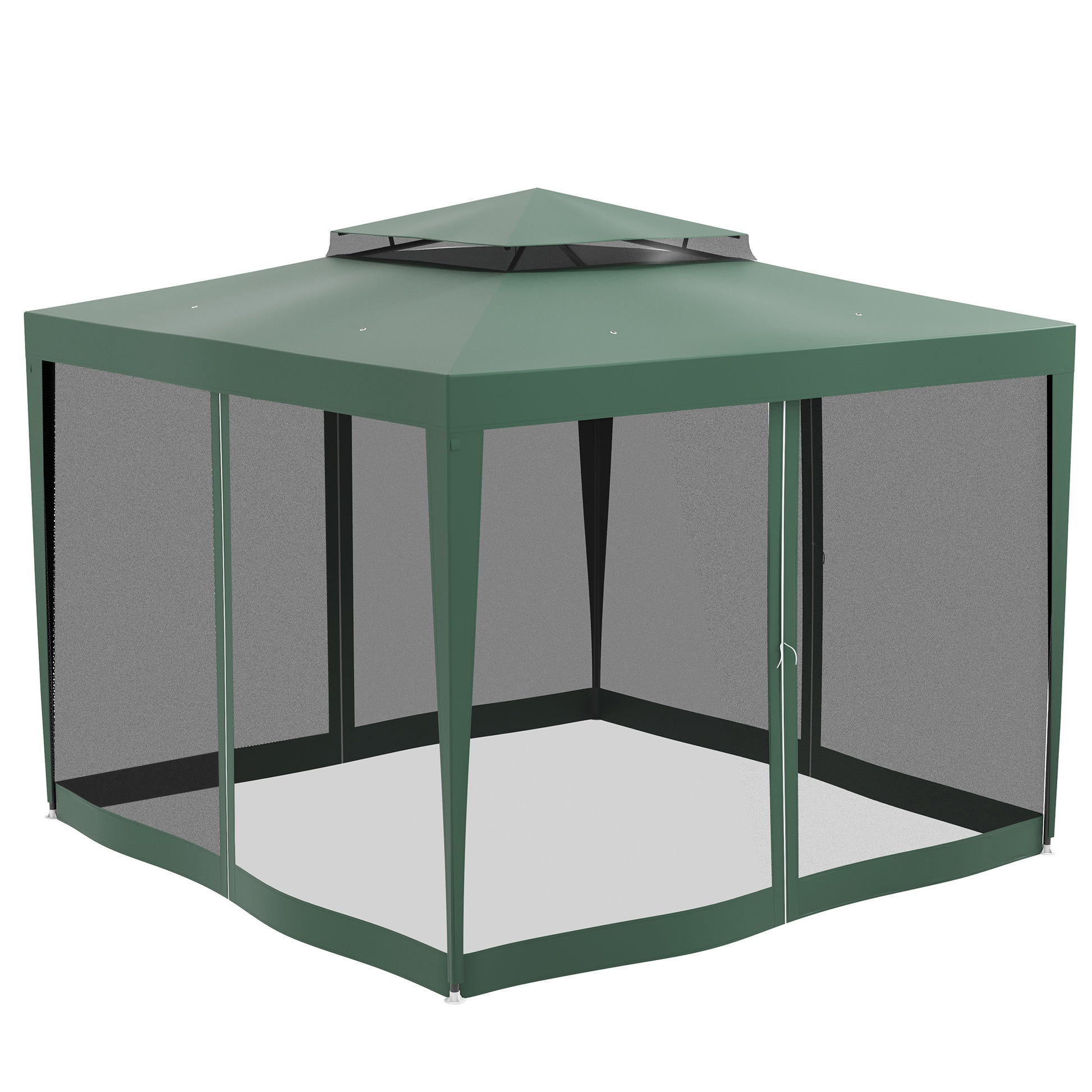 Garden Gazebo 3x3m Outdoor Canopy with 4 Removable Mosquito Net Curtains Double Roof Metal Frame Anti-UV Waterproof Pavilion for Patio Green