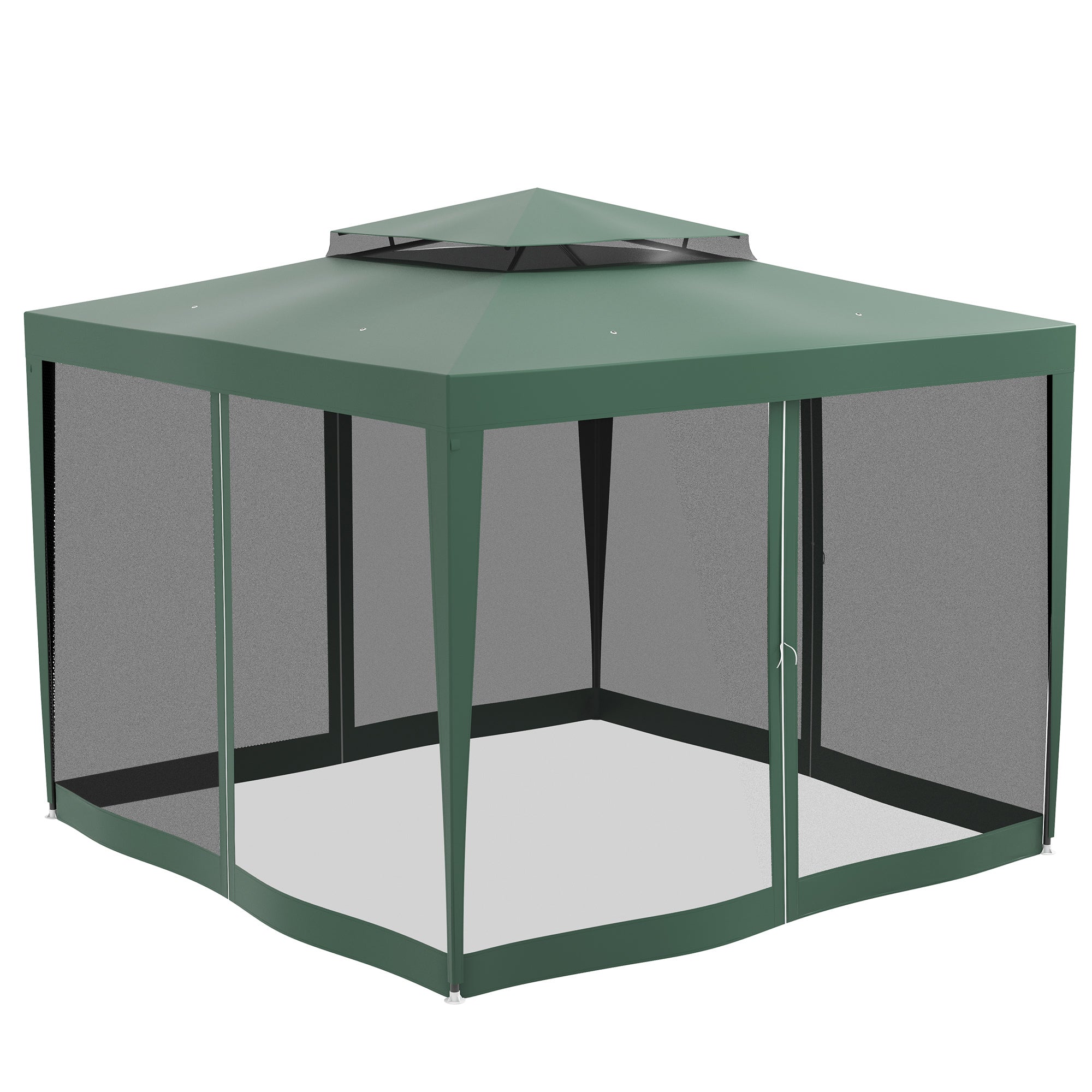 Garden Gazebo 3x3m Outdoor Canopy with 4 Removable Mosquito Net Curtains Double Roof Metal Frame Anti-UV Waterproof Pavilion for Patio Green