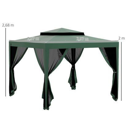 Garden Gazebo 3x3m Outdoor Canopy with 4 Removable Mosquito Net Curtains Double Roof Metal Frame Anti-UV Waterproof Pavilion for Patio Green