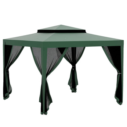 Garden Gazebo 3x3m Outdoor Canopy with 4 Removable Mosquito Net Curtains Double Roof Metal Frame Anti-UV Waterproof Pavilion for Patio Green