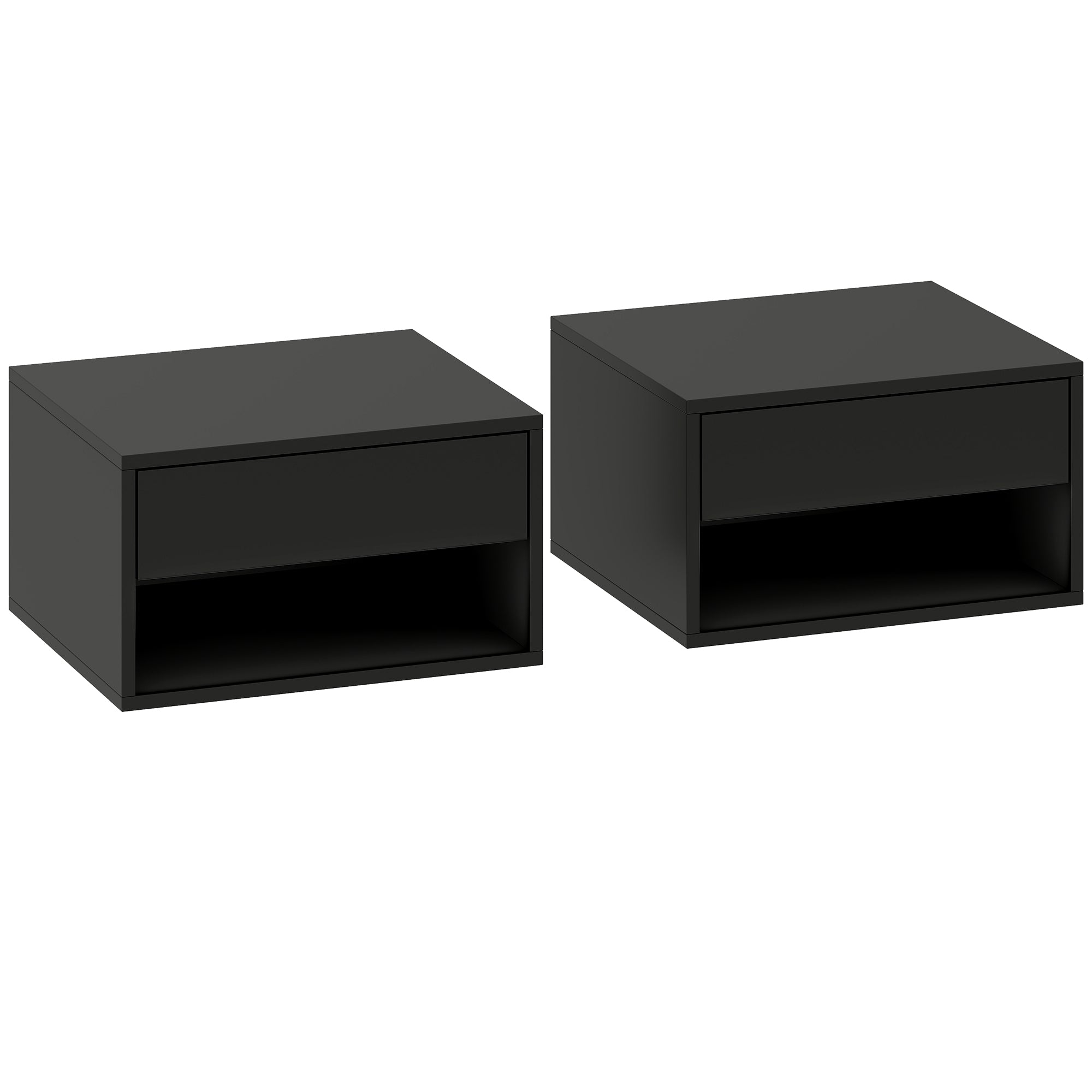 Set of 2 Wall-Mounted Nightstands — Floating Bedside Tables with Sliding Drawer & Open Shelf, Modern Black, 14.6 x 12.6 x 8.3 in