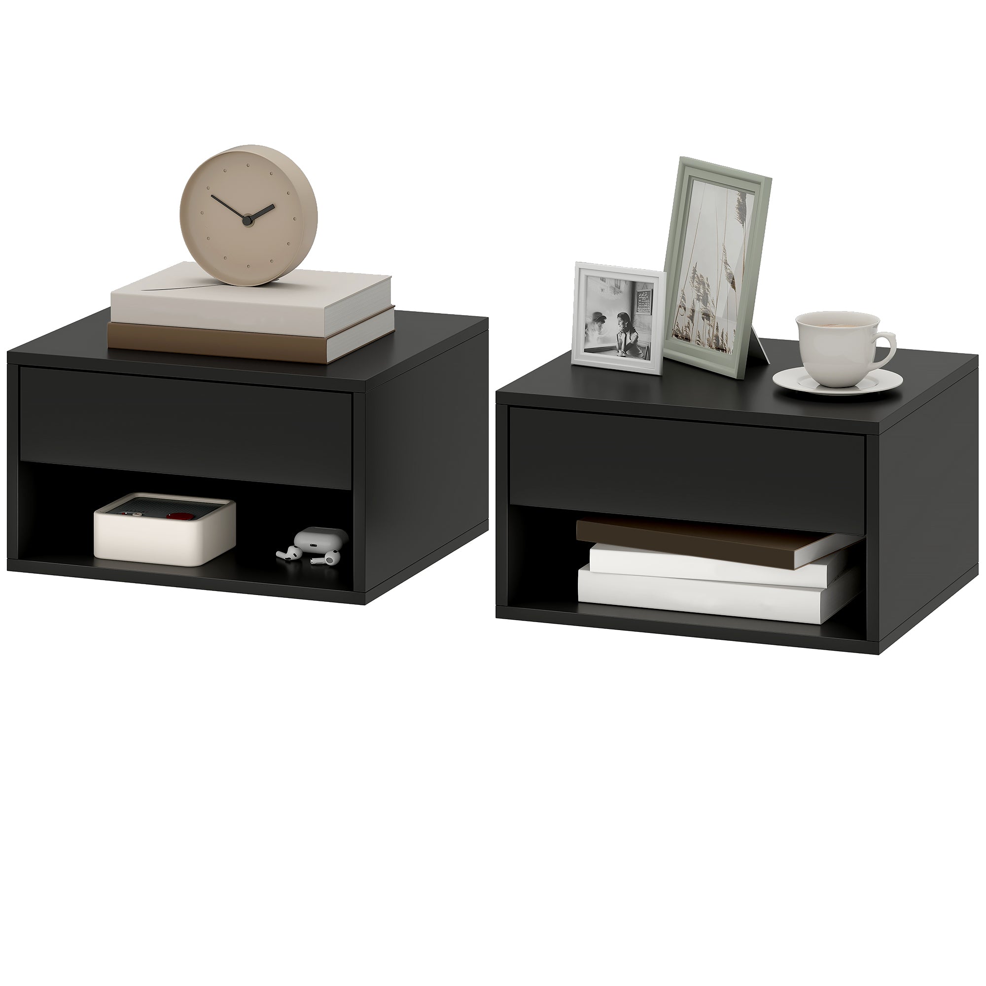 Set of 2 Wall-Mounted Nightstands — Floating Bedside Tables with Sliding Drawer & Open Shelf, Modern Black, 14.6 x 12.6 x 8.3 in