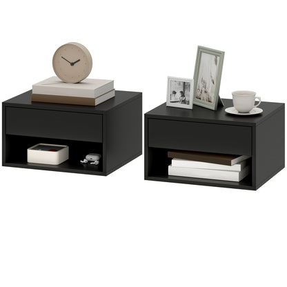Set of 2 Wall-Mounted Nightstands — Floating Bedside Tables with Sliding Drawer & Open Shelf, Modern Black, 14.6 x 12.6 x 8.3 in