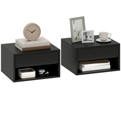 Set of 2 Wall-Mounted Nightstands — Floating Bedside Tables with Sliding Drawer & Open Shelf, Modern Black, 14.6 x 12.6 x 8.3 in