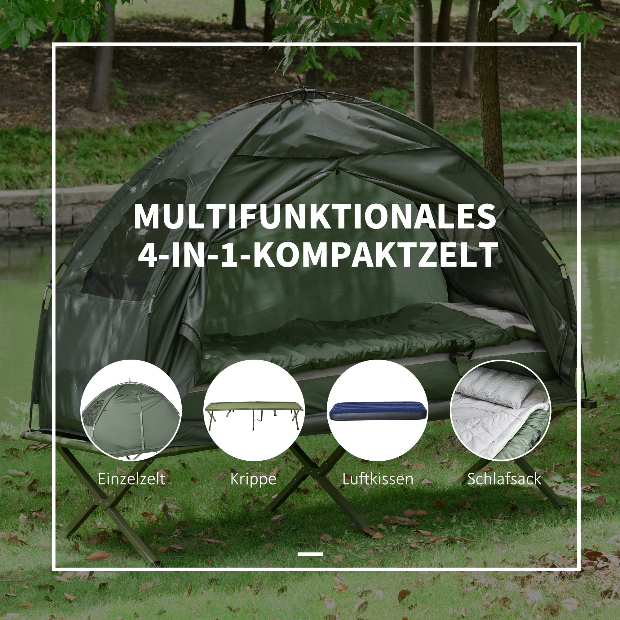 SoBuy Cot with Tent Pop-Up Tent with Air Pump, Mattress, Carrying Bag, Sleeping Bag, Waterproof Camping Cot Extra Wide Outdoor Camping Cot Dark Green 193x86x160 cm up to 114 kg