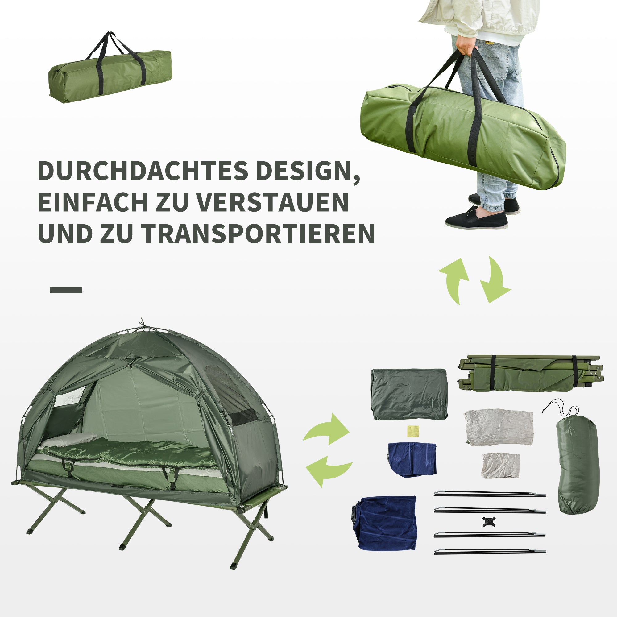 SoBuy Cot with Tent Pop-Up Tent with Air Pump, Mattress, Carrying Bag, Sleeping Bag, Waterproof Camping Cot Extra Wide Outdoor Camping Cot Dark Green 193x86x160 cm up to 114 kg