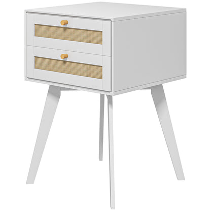 White Bedside Table Nightstand Caning Style with 2 Drawers and Rattan Element Small Side Table for Bedroom Living Room 40x40x60 cm