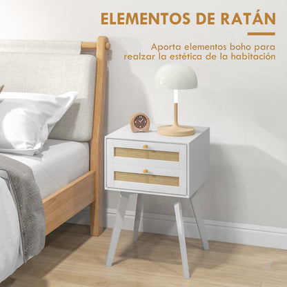 White Bedside Table Nightstand Caning Style with 2 Drawers and Rattan Element Small Side Table for Bedroom Living Room 40x40x60 cm