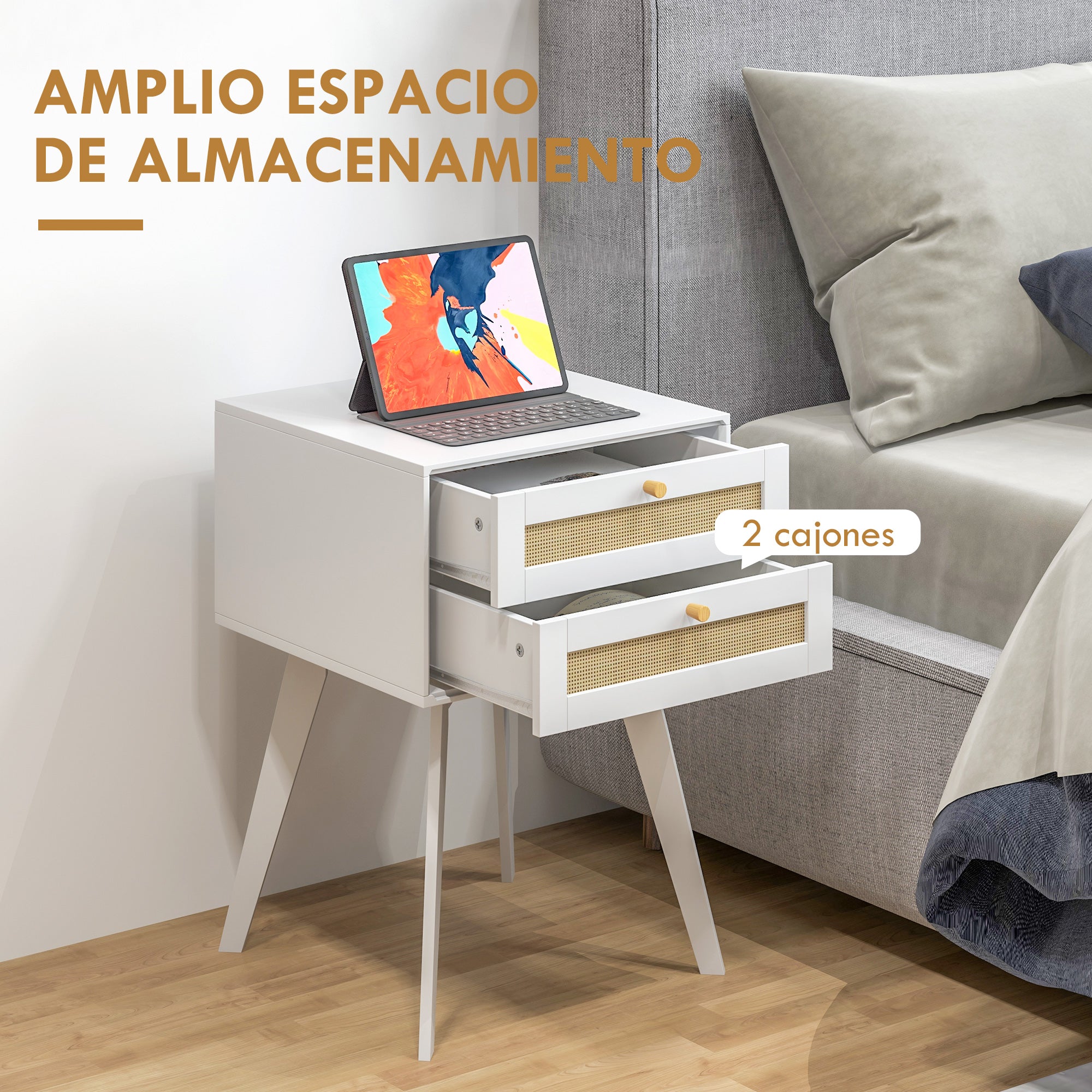 White Bedside Table Nightstand Caning Style with 2 Drawers and Rattan Element Small Side Table for Bedroom Living Room 40x40x60 cm