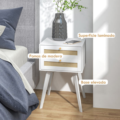 White Bedside Table Nightstand Caning Style with 2 Drawers and Rattan Element Small Side Table for Bedroom Living Room 40x40x60 cm