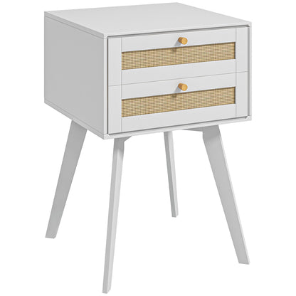 White Bedside Table Nightstand Caning Style with 2 Drawers and Rattan Element Small Side Table for Bedroom Living Room 40x40x60 cm