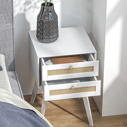 White Bedside Table Nightstand Caning Style with 2 Drawers and Rattan Element Small Side Table for Bedroom Living Room 40x40x60 cm
