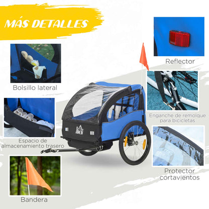 Bike Trailer for Kids +18 Months 2-Seater Stroller with Safety Belt Storage Space and Shock Absorber System 140x88x90 cm Blue