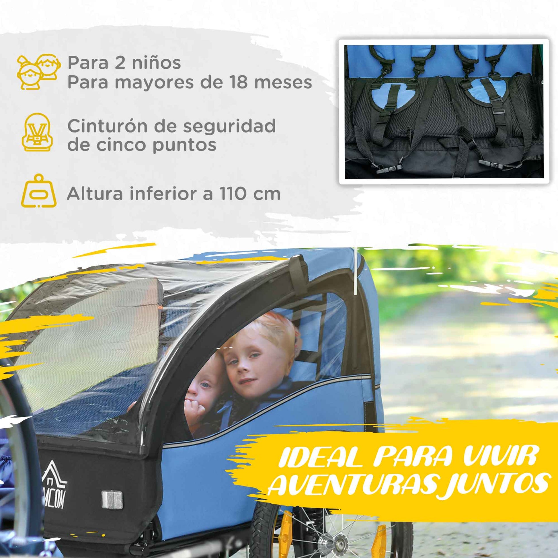 Bike Trailer for Kids +18 Months 2-Seater Stroller with Safety Belt Storage Space and Shock Absorber System 140x88x90 cm Blue