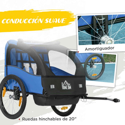 Bike Trailer for Kids +18 Months 2-Seater Stroller with Safety Belt Storage Space and Shock Absorber System 140x88x90 cm Blue